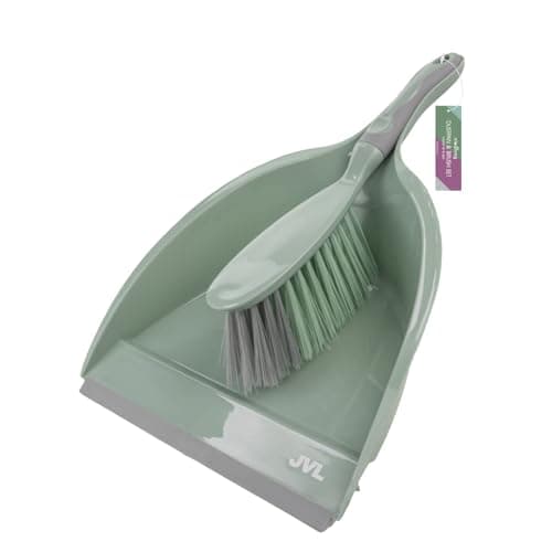 Image of JVL Dustpan and Brush Set with Rubber Grip – Handheld Home Cleaning Set, Green