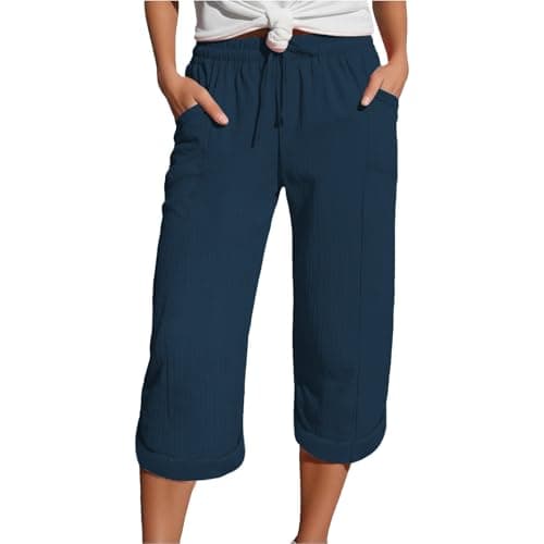 Image of HOOUDO Plus Size Cycling Shorts for Women Elastic Waist Knee Length Bermuda Shorts Loose Casual Hot Pants Wide Leg Beach Trousers Shorts Navy