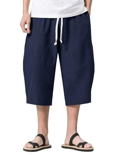 Image of KEFITEVD Linen Trousers Mens Three Quarter Length Shorts Baggy Cotton Summer Pants Lightweight Yoga Shorts with Pockets Navy 32