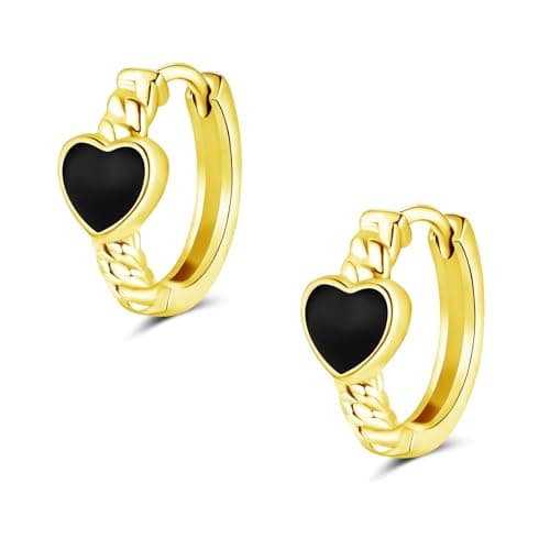 Image of Loutade Silver Hoop Earrings for Women, 925 Sterling Silver Black Heart Hoop Earrings, Hypoallergenic Earrings Gold, Simple Dainty Love Heart Gold Sleeper Cartilage Huggie Earrings for Christmas
