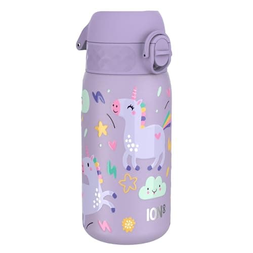 Image of ION8 Kids Water Bottle, Lightweight Steel, 400 ml/13 oz, Leak Proof, Non-Insulated, Easy to Open,Secure Lock, Dishwasher Safe, Flip Cover, Carry Handle, Easy Clean, Metal Water Bottle, Purple Unicorns