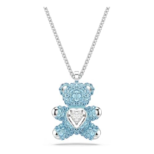 Image of Swarovski Teddy Pendant Necklace, 3D Bear with Blue Crystals and Central Clear Heart-Shaped Dancing Stone in a Rhodium-Finished Setting, Part of the Teddy Collection