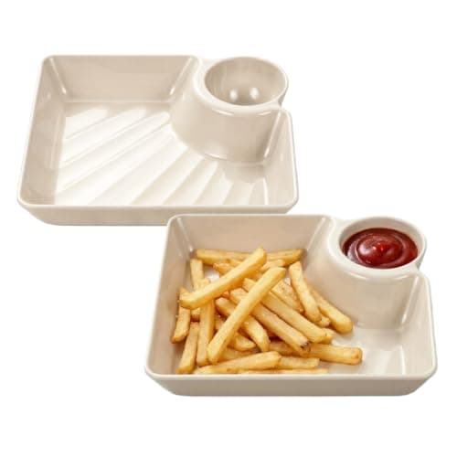 Image of Satiskid 2PCS Serving Plates with Dipping Saucer, Chip and Dip Serving Set, Square Divided Vinegar Dish Chip and Dip Bowl, White Party Tray for Sushi Snacks Desserts
