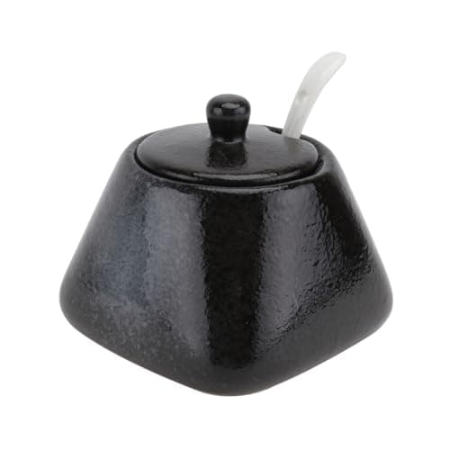 Image of DOITOOL Sugar Bowl with Lid and Spoon, Ceramic Sugar Jar Porcelain Condiment Pot Ceramic Seasoning Bowl for Home Kitchen, Black