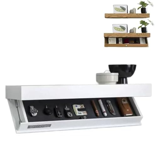 Image of Modern White Floating Shelf with Secret Drawer Hidden Storage Solution Wooden Wall Shelf Design Stylish Concealed Storage for Living Room Bedroom Office