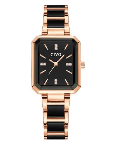 Image of CIVO Womens Watch Rectangle Analogue: Rose Gold Black Stainless Steel Waterproof Quartz Wrist Watch - Ladies Watches Gifts for Mother Wife Girlfriend at Birthday Anniversary