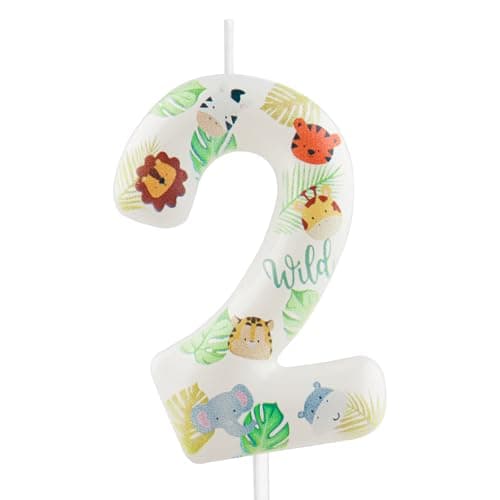 Image of Yiran Safari Animal Number 2 Birthday Candle, Wild One Jungle Themed Cake Topper, Tropical Palm Leaf Party Decorations for 2nd Birthday Boys Girls Baby Shower