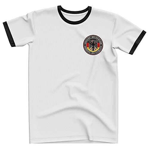 Image of Purple Print House Germany Football Shirt, Germany Deutschland Badge T-Shirt Mens Gifts White Black Ringer Top Birthday, M, White/Black