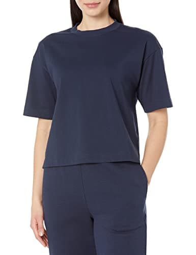 Image of Amazon Essentials Women's Organic Cotton Drop-Shoulder Relaxed Boxy Short-Sleeved T-Shirt (Available in Plus Size), Navy, XS