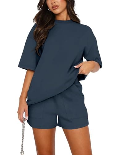 Image of REORIA Women Cotton Short Sleeve Tracksuit Set Crew Neck Solid Color Shirt and Shorts with two Pockets two piece Outfit co ord Sets Navy Blue S