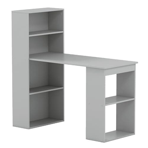 Image of CASART 122CM Computer Desk Bookshelf, Wooden Writing Table with 6 Storage Shelves, Home Office Study Desk PC Laptop Table Workstation (Grey)