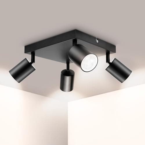 Image of Ketom Adjustable 4 Way Ceiling Spotlight Fitting, GU10 LED Ceiling Light Rotatable, Modern Black Metal Square Ceiling Spotlight for Kitchen Bedroom Living Room, GU10 Bulb Base, Bulb Not Included