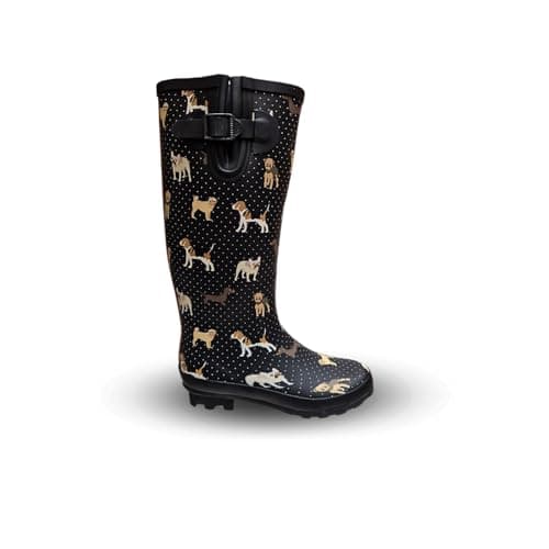 Image of Womens Ladies Wellies Rubber Rain Boots Wellingtons Short & Tall Dog Paw Skull Festival Snow Buckle Adjustable (Black Tall Dog Print, UK Footwear Size System, Adult, Women, Numeric, Medium, 7)