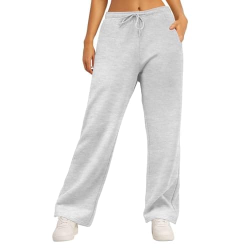 Image of IWOLLENCE Wide Leg Joggers Jogging Bottoms for Women Sweatpants Womens Casual Comfy Trousers with Pockets Elastic Waist Lined Fleece (Light Grey, M)
