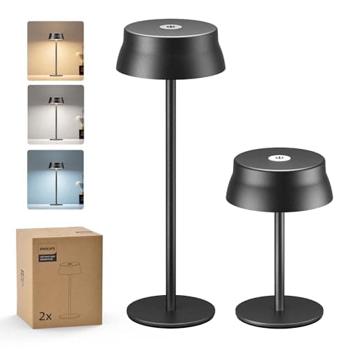 Image of Philips Cordless Table Lamp, Portable Outdoor LED Desk Light, Rechargeable Battery Operated, 2 Adjustable Height, Touch Control & 3 Color Stepless Dimming, Waterproof Lamps for Bedroom, Black (2)