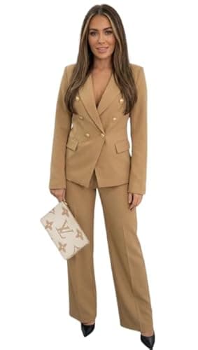Image of Women’s Double Breasted Gold Button Blazer Slim Fit Tailored Office Jacket with Long Sleeves Lightweight Casual Suit Coat (UK, Numeric, 12, Regular, Regular, Camel)