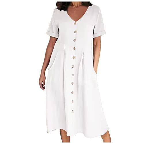 Image of AMhomely Cotton Linen Dresses for Women-Button Down Dress Plus Size,V Neck Shirt Dresses with Pocket,Pleated A-line Sundress,Solid Casual Swing Dress,Office Work Holiday Vacation A White S