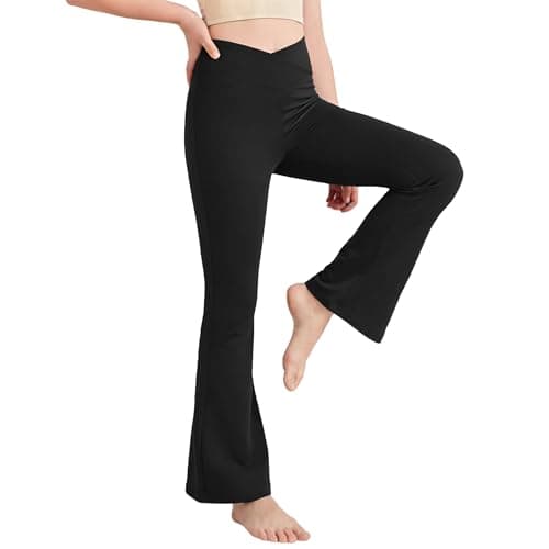 Image of Fiohiros Girls Flared Leggings Kids V Crossover School Trousers for Girls High Waisted Flare Kids Pants for Dance Yoga Sport (UK, Age, 11 Years, 12 Years, Regular, Black)