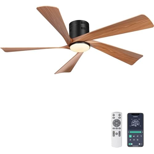 Image of Ohniyou 52 inch Ceiling Fans with Lights, Remote & APP Control Low Profile Indoor Outdoor Ceiling Fan, Dimmable, Quiet DC Motor, Reversible, Flush Mount, Black+Wood Color