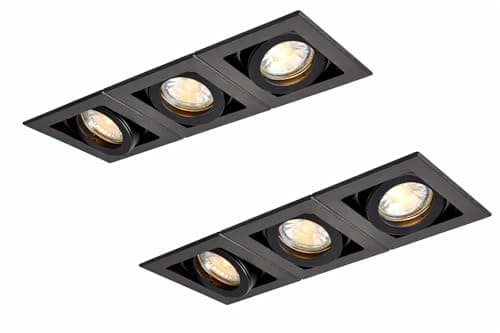 Image of National Lighting Xeno Matt Black Indoor Ceiling Lights - Mains Powered Triple Boxed Downlights - Recessed GU10 Spotlights - Adjustable Tilt GU10 LED Compatible Lamps - 2 Pack