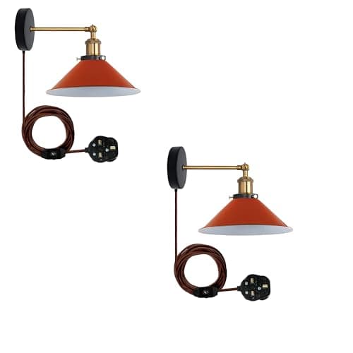 Image of LEDSone 2 Pack of Retro Industrial Wall Light Plug in Wall Lamp Metal Cone Shape Shade Indoor Light Fitting with Dimmer Switch for Bedroom Hallway Restaurants (Orange 2 Pack, Without Bulb)