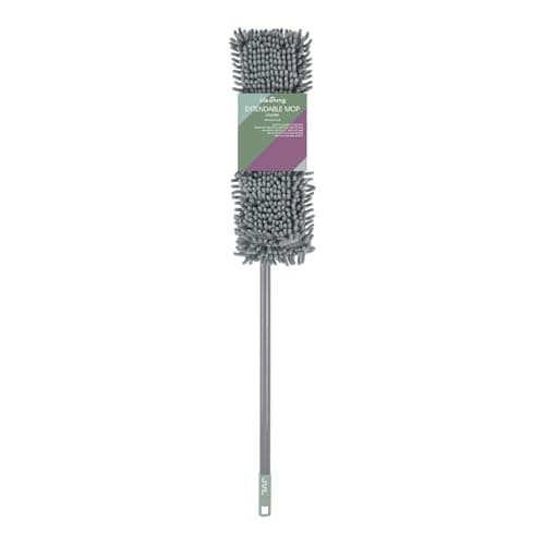 Image of JVL Extendable Chenille Mop – Flat Floor Cleaner with Long Handle – Machine Washable Microfibre Cleaning Head – Grey