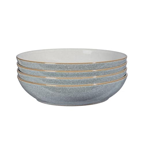 Image of Denby - Elements Light Grey Pasta Bowls Set of 4 - Dishwasher Microwave Safe Crockery 1050ml 22cm - Pale Grey, White Ceramic Stoneware Tableware - Chip & Crack Resistant