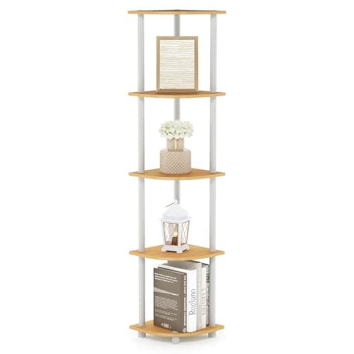 Image of Furinno TURN-N-TUBE Corner Shelf, 5-Tier Corner Bookshelf, Open Storage Shelves, for Organization and Storage, Living Room, Home Office, Garage, Bedroom, Beech