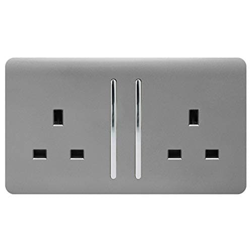 Image of Trendi Switch 2 Gang Artistic Modern Glossy 13 Amp Switched Tactile Plug Socket Light Grey, ART-SKT213L