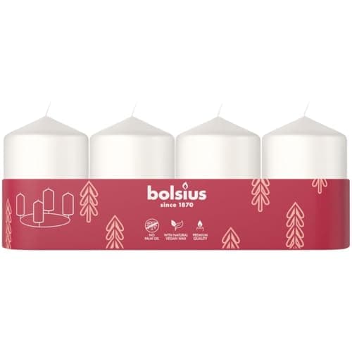 Image of Bolsius - Smooth Pillar Candles - Set of 4 - White - 2.4″ × 1.6″ - Decorative Candles - Long Burning Time - Unscented - with Natural Plant Wax - Without Palm Oil