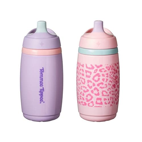 Image of Tommee Tippee Insulated Active Spout Toddler Sippy Cup, 266ml, 12m+, Pack of 2, Leak-Proof Children's Water Bottle with Handle in Fun Colours and Animal Print, Pink & Purple