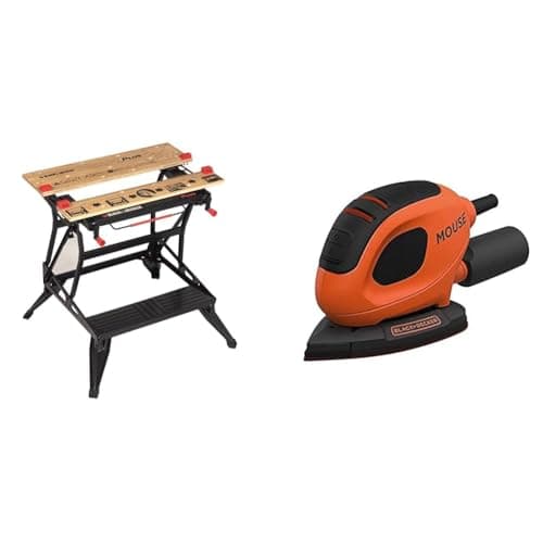 Image of BLACK+DECKER Workmate Plus, Work Bench Tool Stand Saw Horse, Dual Height with Heavy Duty Steel Frame & 55 W Detail Mouse Electric Sander with 6 Sanding Sheets, BEW230-GB