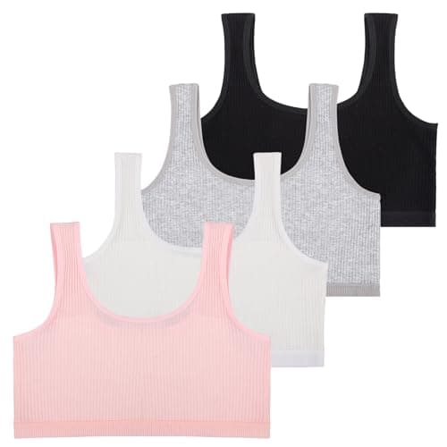 Image of Lancry 4PCS Soft Cotton Crop Tops for Girls Age 7-12, Unpadded Wireless Sports Bra Training Bras for Kids Teens (UK, One Size, Regular, L, Black+White+Grey+Pink)