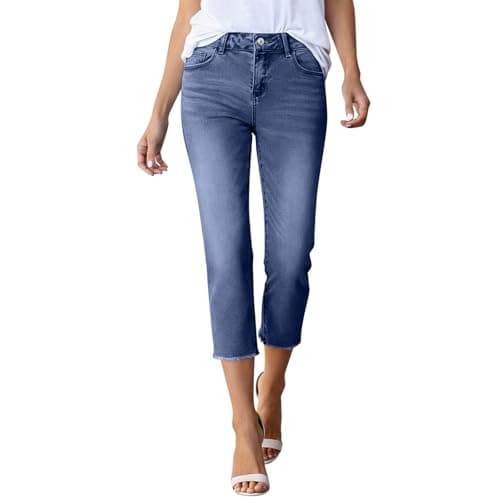 Image of VPQILH Womens Cropped Jeans UK Straight Legs 3/4 Length Denim Trousers Ladies High Waist Capri Pants Summer Elegant Slim Fit Joggers Lightweight Trouser Blue