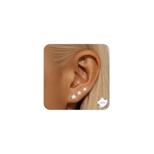 Image of Diorra Silver Stud Hoop Earrings Set for Women, Hypoallergenic Sterling Silver Earring Stacks for Multiple Piercings Dainty Small Cartilage Tragus Piercing Jewellery Gift (3 Pairs)