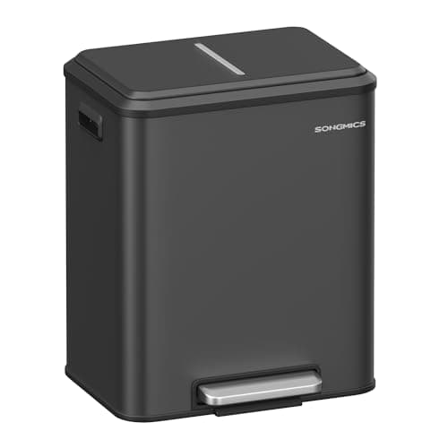 Image of SONGMICS Kitchen Bin, 2 x 4 Gal. (2 x 15 L) Double Bin for Recycling and Waste, Rubbish Bin, Inner Buckets, Steel, Soft-Close Lid, Wide Sturdy Pedal, Ink Black LTB544B02