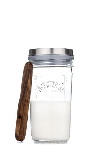 Image of Kilner Kefir Set 0.5Litre Wide Mouth Jar with Silicone Strainer Cap Beech Wood Measuring Spoon & Stainless Steel Lid, Make Probiotic Drinks