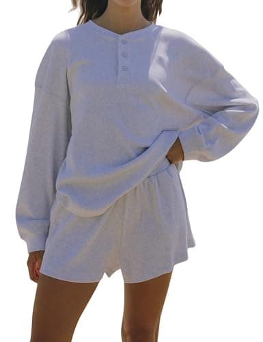 Image of Dsewpaur Women Waffle Knit Lounge Set Oversized Henley Sweatshirt and High Waist Resort Shorts 2 Piece Outfit, Grey, Medium