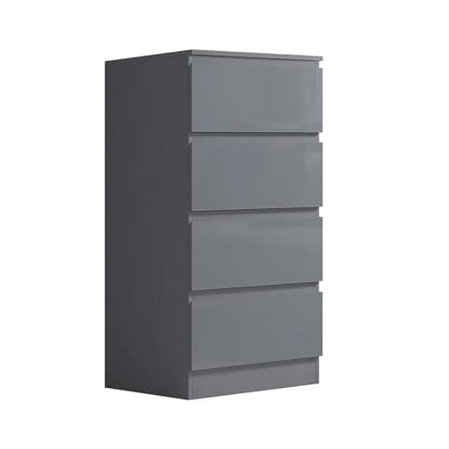 Image of FWStyle Grey Gloss 4 Drawer Chest of Drawers with Matt Grey Frame, Slim Tall Bedroom Storage Furniture with Handleless Design and Deep Drawers, Scratch Resistant Finish, H99 x W40 x D40cm