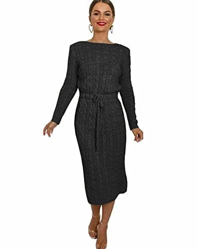 Image of WearAll Womens Cable Knitted Jumper Dress Ladies Pocket Tie up Long Midi Winter Warm Dresses Top Black Size 8
