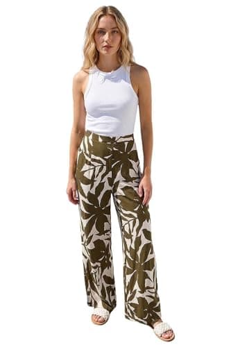 Image of Roman Originals Wide Leg Trousers for Women UK - Ladies Palazzo Pants Floral Print Abstract Everyday Holiday Spring Summer Comfy Soft Evening Vacation Work Party - Ivory Floral - Size 14
