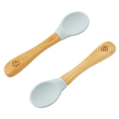 Image of bamboo bamboo ® Baby Weaning Spoons Set of 2 | Bamboo with Soft Silicone Tips | Ergonomic Easy Grip Handles | BPA-Free (Set of 2, Grey)