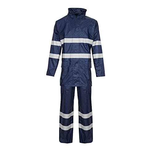 Image of Hi Vis Viz Rainsuit Jacket Trouser High Visibility Waterproof Hooded Rain Suit 2 Piece Set (L, Navy)