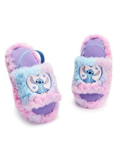 Image of Disney Lilo & Stitch Womens Slippers | Ladies Stitch Character Heart Slider Slippers in Pink & Blue | Adult Slip On Indoor House Shoes with Fur & Elastic Heel Strap | Animation Movie Merchandise Gift