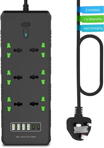 Image of iBlockCube Universal Extension Lead with USB C Ports | Power Strip with Switch, 6 Way Outlets, 6 USB(3.1A, 2 Type C and 4 USB-A Port) | Surge Protection, 2 Meter Long Cord, Charging Hub UK Plug Socket