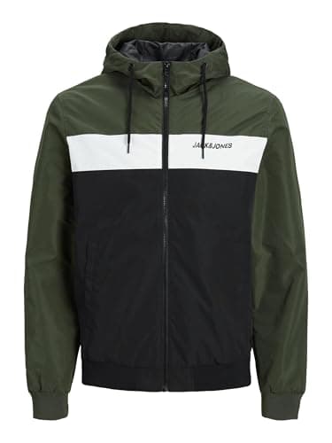 Image of JACK & JONES Men's Jjerush Blocking Hood Bomber Jacket, Green, M