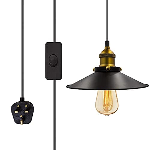 Image of Vintage Industrial Bronze Plug in Pendant Light Shade,E27 Lamp Holder with Switch Suspended Pendant Light Fitting Kit,6M Cable Retro Hanging Lamp,Rustic Plug in Ceiling Light Fixture,for Garage Cafe
