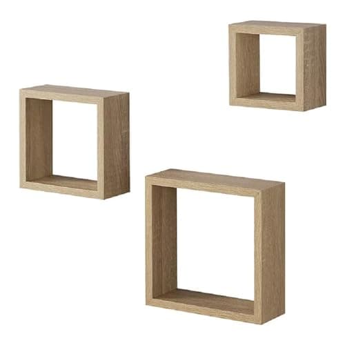 Image of YORKSHIRE HOMEWARE Set Of 3 Retro Design Cali Wall Floating Cube Box | Wall Mounted Display Shelving Unit for Bedroom, Living Room | Large, Medium, Small Wooden Shelf | Floating Shelves (Oak)
