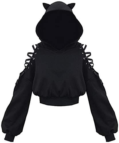 Image of PANOZON Women's Cute Cat Ear Hoodies Crop Top Off Shoulder Hollow Out Long Sleeve Black Punk Y2K Gothic Sweatshirts Black XL