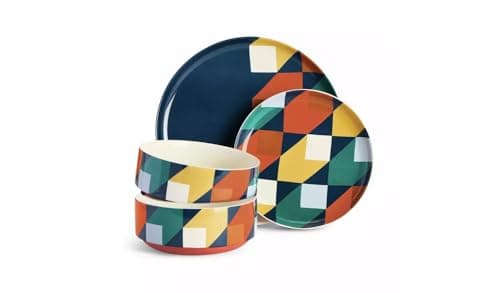 Image of Geo Cube 12 Piece Stoneware Dinner Set Retro Geometric Dinnerware Set for 4, Multicolour Plates & Bowls, Dishwasher & Microwave Safe